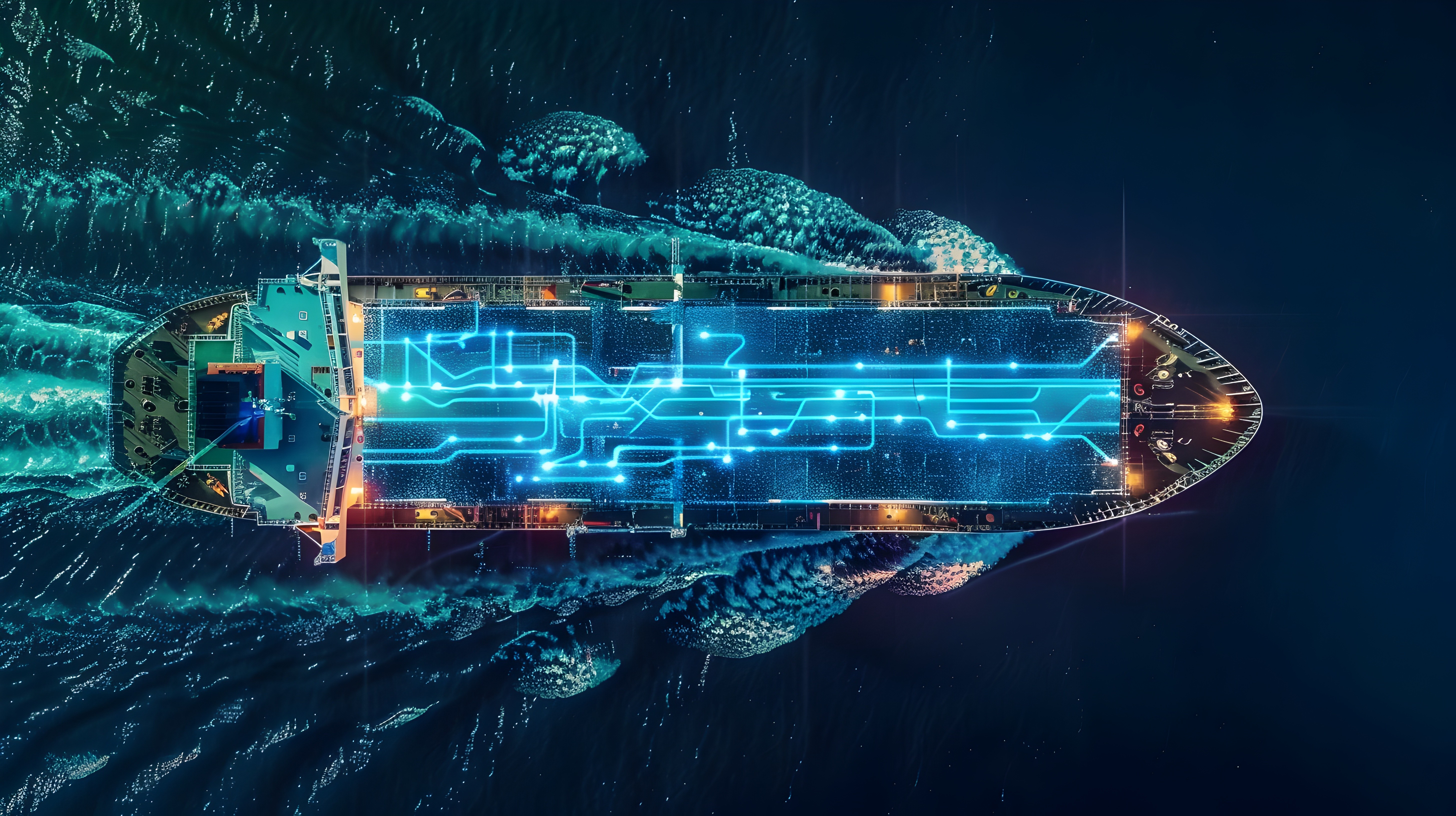 futuristic glowing submarine exploring underwater digital world